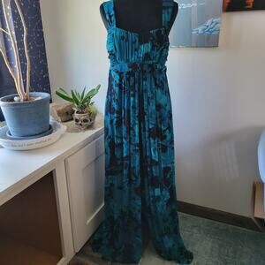 Connected Apparel Size 12 Blue Floral Chiffon Maxi Dress w/ Slit & Built-in Bra